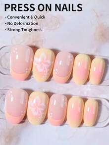 24片短橢圓形3D凝膠美甲貼片，木槿花美甲設計，法式壓克力穿戴式假指甲，短款完美貼合假指甲組，包含：1片果凍膠和1片指甲銼刀，短指甲與夏季美甲 - 彩色 - 查看 2
