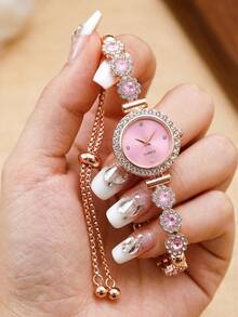1pc Women's Quartz Watch, Pink Crystal Bead Drawstring Bracelet Watch, Crystal Inlaid Alloy Case, Minimalist Diamond Dial, Gift, Daily Wear - Pink - View 3