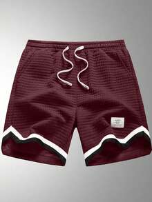 1 chiếc quần short thể thao nam cỡ lớn chất liệu jacquard, viền sọc tương phản, nhiều túi thời trang, nhẹ, nhanh khô, quần short đi biển ngoài trời, phù hợp cho nam giới cỡ lớn, sử dụng được cả trong sinh hoạt thường ngày và ngoài trời, cạp quần có dây rút, quần áo nam cỡ lớn - Màu Đỏ Sâu - Xem 3