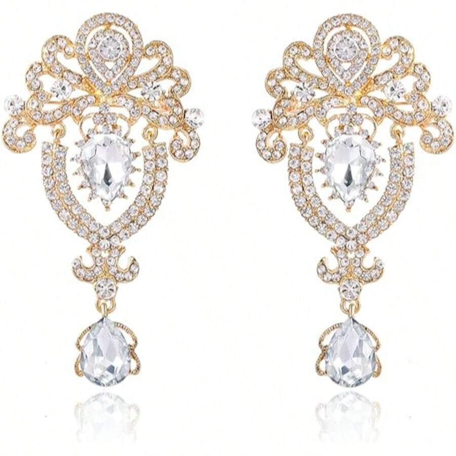 2件裝水晶胸針,金/銀色亮面透明水鑽花朵飾品,新娘婚禮女性胸花胸針配件 - 金色 - 查看 1
