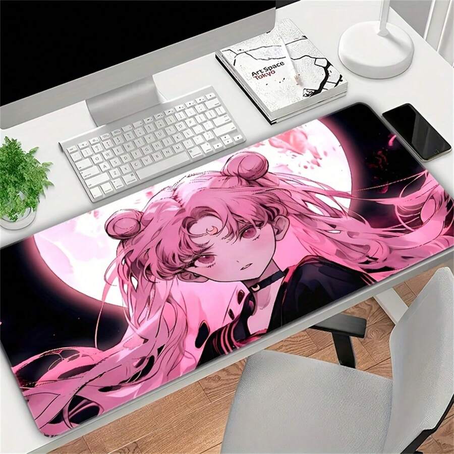 1pc Large Gaming Mouse Pad - Dark Pink Aesthetic Desk Mat, Non-Slip Rubber Base For Anime Fans - View 1