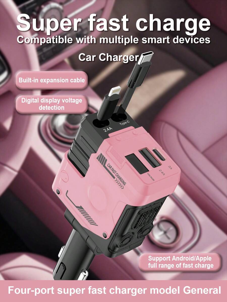 W&O 可伸縮式車用充電器附可伸縮線纜 (31.5 英吋)，4 合 1 超快速車用手機充電器，2 個 USB 埠轉接器，相容於 15 14 13 12 11 Pro Max、Pixel，實用禮物，父親節禮物