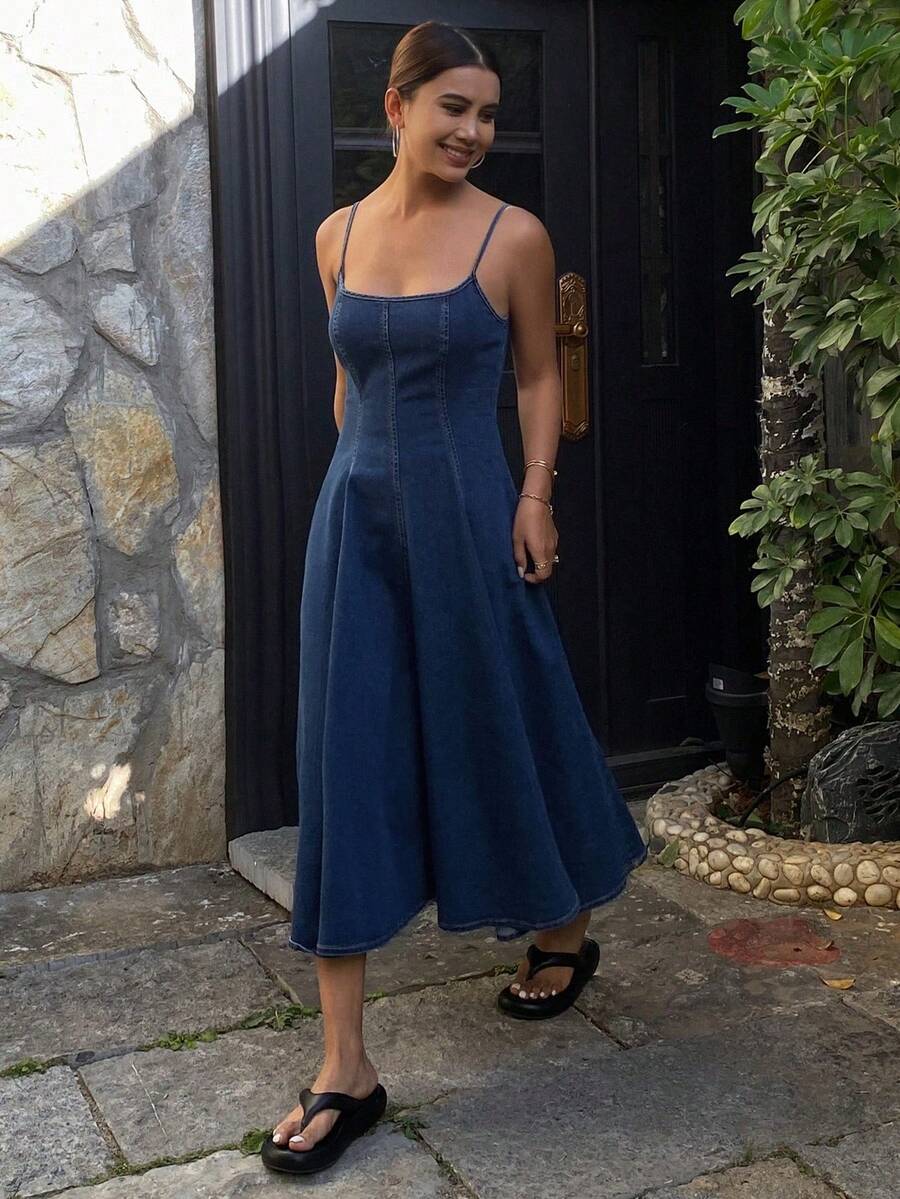 Vestido largo de mezclilla casual con pliegues para mujer - Azul lavado oscuro - Ver 1