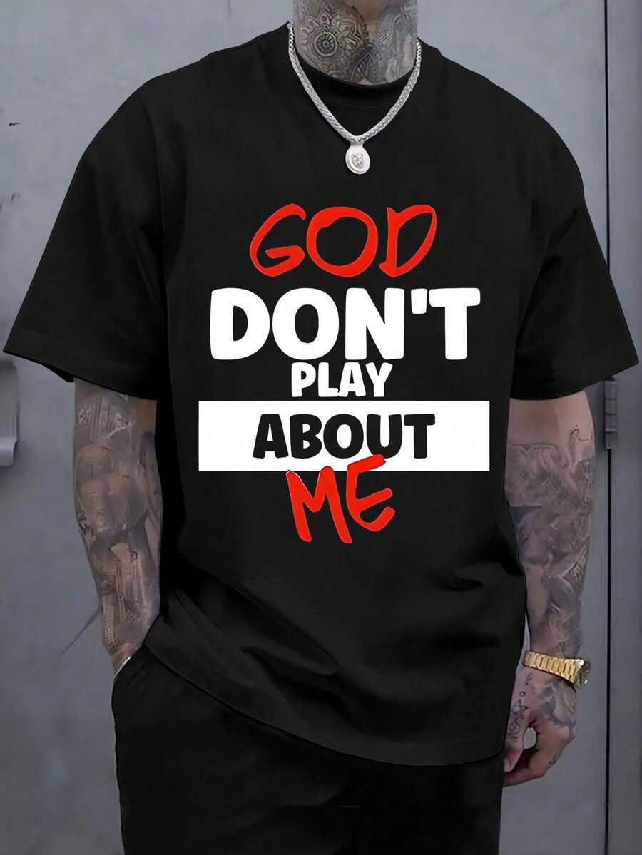 1 Men's Printed T-Shirt - "God Don't Play About Me", Casual Crew Neck Short Sleeve T-Shirt For Streetwear, Comfortable Fit For All Seasons.
-Black18 - 黑色 - 查看 1