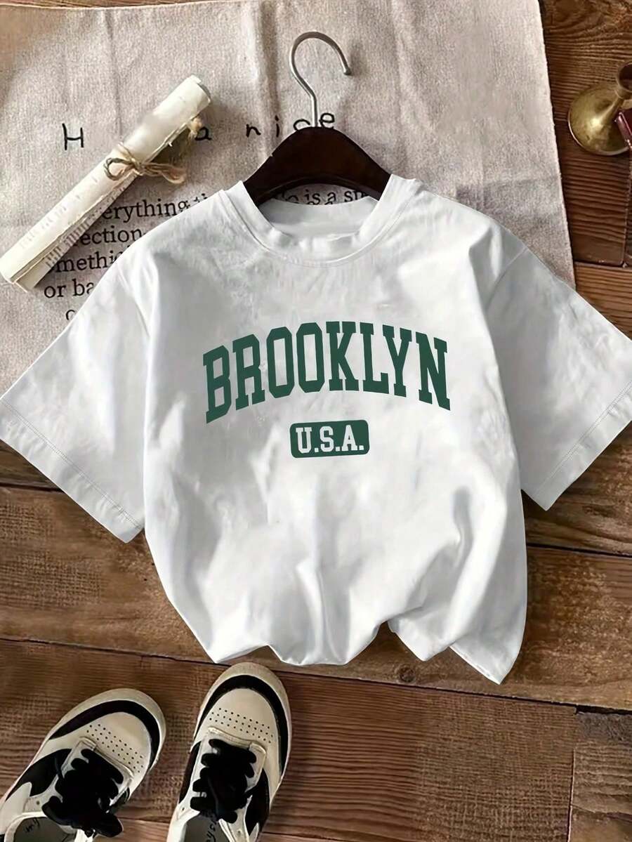 Camiseta de mujer, camiseta de mujer con estampado de Brooklyn EE. UU., cuello redondo, mangas cortas, tela de punto de , longitud regular, adecu para mujeres en todas las est...