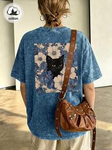 大尺碼女款休閒服，雪花圖案布料，舒適休閒上衣，復古T恤，春夏服飾 - 寶藍色 - 查看 8