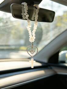 1pc Natural White Crystal Beaded Cross Heart Frame Car Rearview Mirror Hanging Ornament, Religious Faith Auto Interior Decor Charm - A - View 5