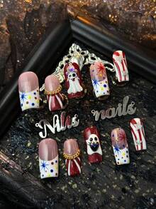 10pcs Handmade Fully Covered Long Square Nails Press On Nails, Red Nails, White French Y2K Style, Handpaint Cute Ghost,Reusable False Nails With Jelly Glue & Nail File,Suitable For Independence Day Party, Halloween, Cosplay, Daily, Holiday Gathering - Red - View 3