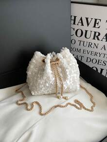 Bolso cubo mini con cordón y lentejuelas blancas en todo el Body, bolso de hombro con cadena de metal exquisita, bolso de mano de noche para fiestas de nicho - Blanco - Ver 12
