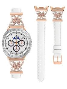 Galaxy Watch 8 手錶錶帶，1件白色女士珠寶鑲嵌人造鋯石優雅錶帶 + 1件亮面風格（不含螢幕保護貼）。相容 Galaxy Watch 8 40mm 和 44mm 錶殼，Galaxy Watch 8 錶帶，可調節替換錶帶配件。適合男女運動手錶錶帶 - 白色玫瑰金雙 - 查看 3