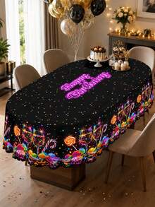 A Neon Candy Printed Polyester Tablecloth, Black Multicolored Happy Birthday Tablecloth, Suitable For Birthday Parties, Cake And Dessert Parties, Family Gatherings, Multi-Functional Decorative Tablecloths, And Indoor Holiday Decorations. - A - View 7