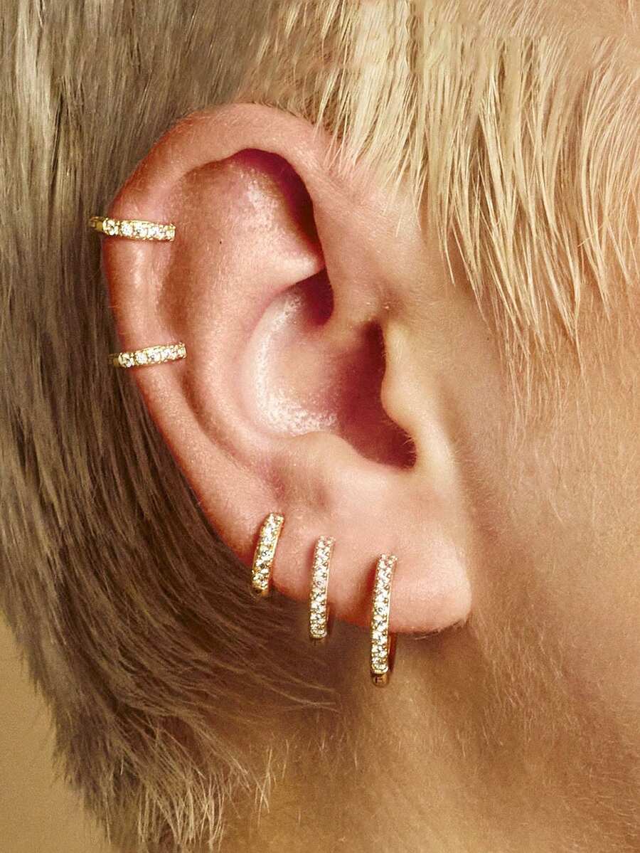8pcs/Set Earrings Set, Women's Earrings, 18K Gold Plated Copper With Cubic Zirconia Inlay, Hypoallergenic Small & Delicate Earrings, Stackable, Suitable For Multiple Ear Piercings, Unisex Earrings For Daily Wear, Lineup, Vacation And Holidays - Gold - View 1