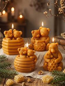 Hugging Bear Honey Jar Silicone Mold, 3D Mother & Baby Bear Designs, 3 Styles: Honeycomb Jar, Hugging Honeycomb, Honeycomb Barrel Bear, Soft Silicone Easy Release & Durable, For DIY Aromatherapy Candles, Handmade Soaps, Plaster Ornaments, Cute Rounded Finished Shapes, DIY Gifts & Desktop Decor - Hug Bear & Honey Pot - View 3