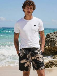 1 Piece Manfinity RebelGame Men's Palm Tree Print Short Sleeve T-Shirt And Knit Shorts 2-Piece Casual Set - Putih - View 1
