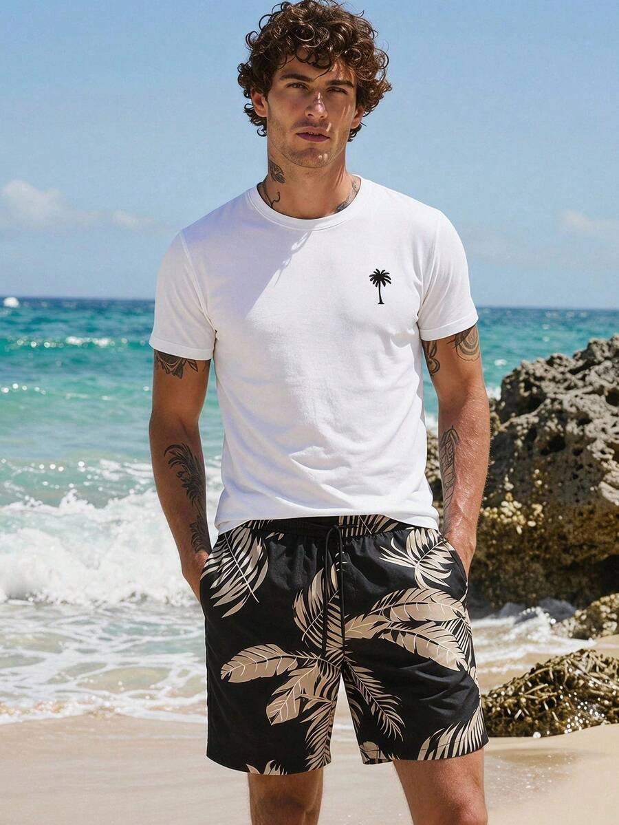1 Piece Manfinity RebelGame Men's Palm Tree Print Short Sleeve T-Shirt And Knit Shorts 2-Piece Casual Set - Putih - View 1