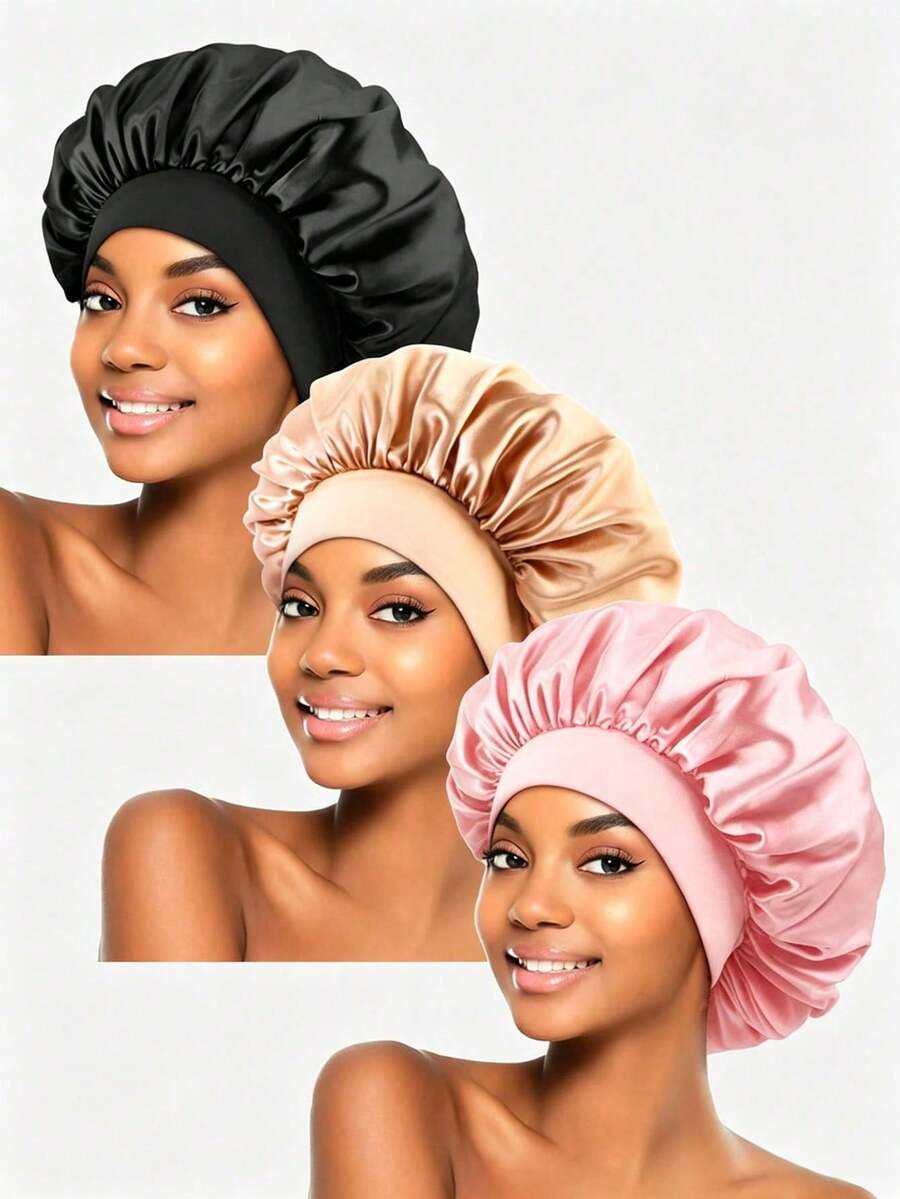 1/2pcs Silk Sleep Cap, Satin Hair Bonnet, Soft Elastic Band Silk Sleep Cap, Curly Hair Suitable Silk Hair Bonnet (Black Gold) - Multicolor - View 1