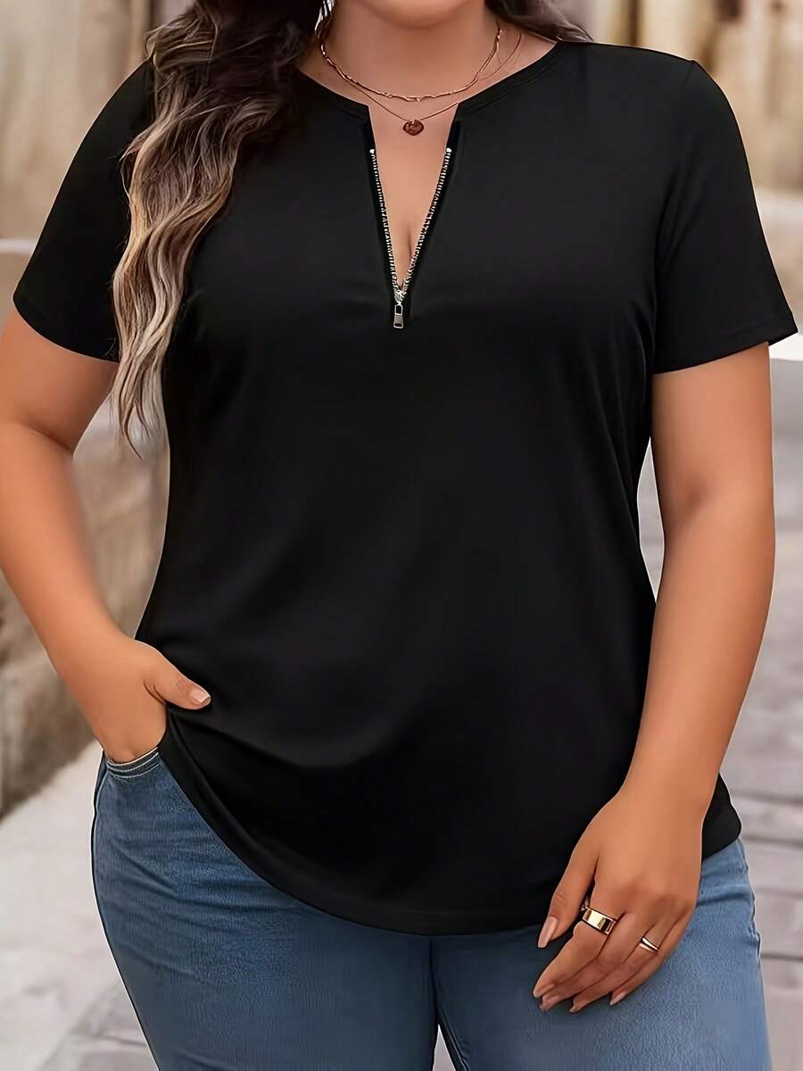 Talla Grande - Talla Grande - Camiseta con Cremallera para Mujer de Talla Grande Europea y Americana Transfronteriza - Negro - Ver 1