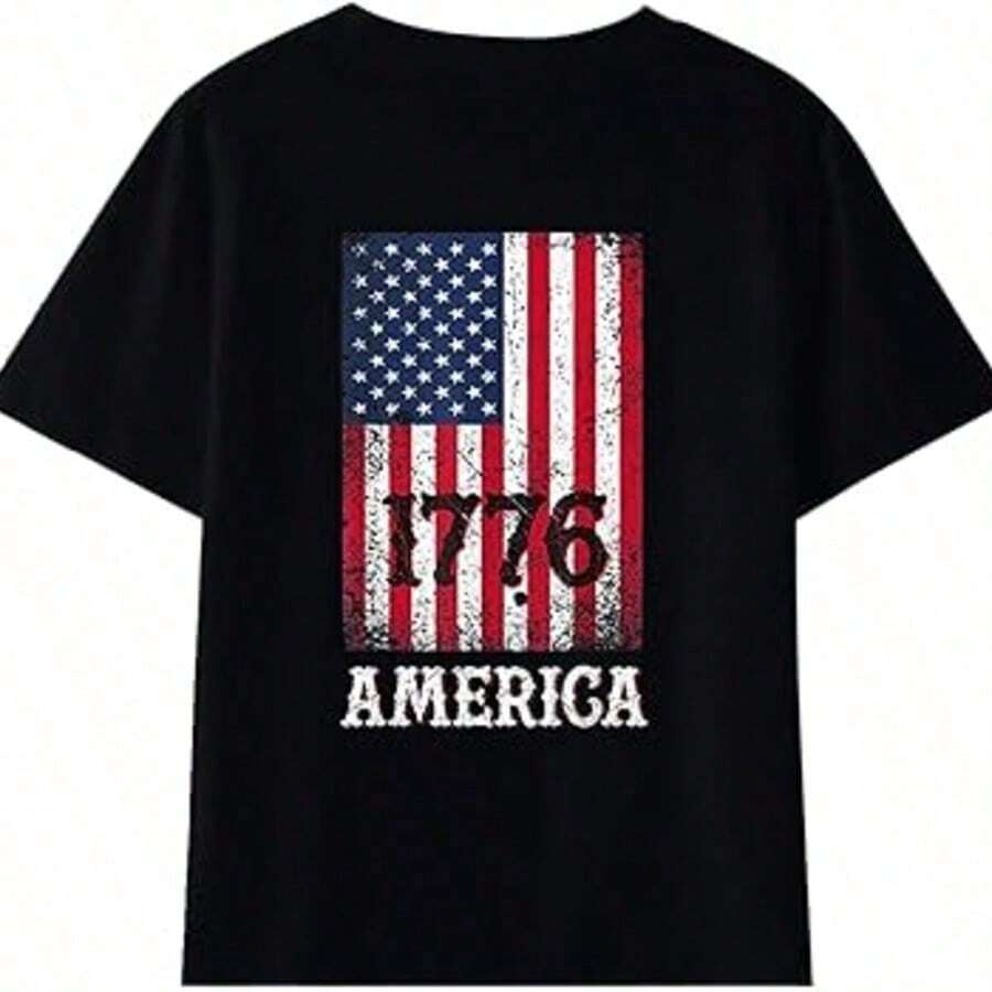 White T-Shirt For Toddlers With Patriotic 4th Of July Print, Casual, Short Sleeve, , Kindergarten Graduation, 4th Of July Girls, Children's Items, Clothing - 青檸色 - 查看 1