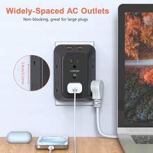 Extensor de toma de corriente de pared con protección contra sobretensiones, 6 tomas de CA ampliamente espaciadas & 4 puertos USB (2 USB C), adaptador cargador de pared multi-enchufe de 4 lados para hogar, viajes y oficina - Negro - Ver 7