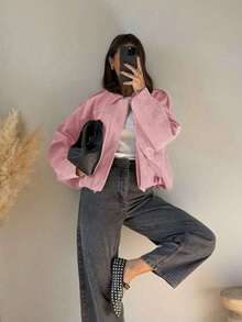 Chaqueta casual suelta de manga larga de ante sintético de un solo pecho para mujer, adecuada para usar en primavera. Chaqueta militar corta de mujer con botones de metal en los bolsillos, a - Rosa - Ver 1