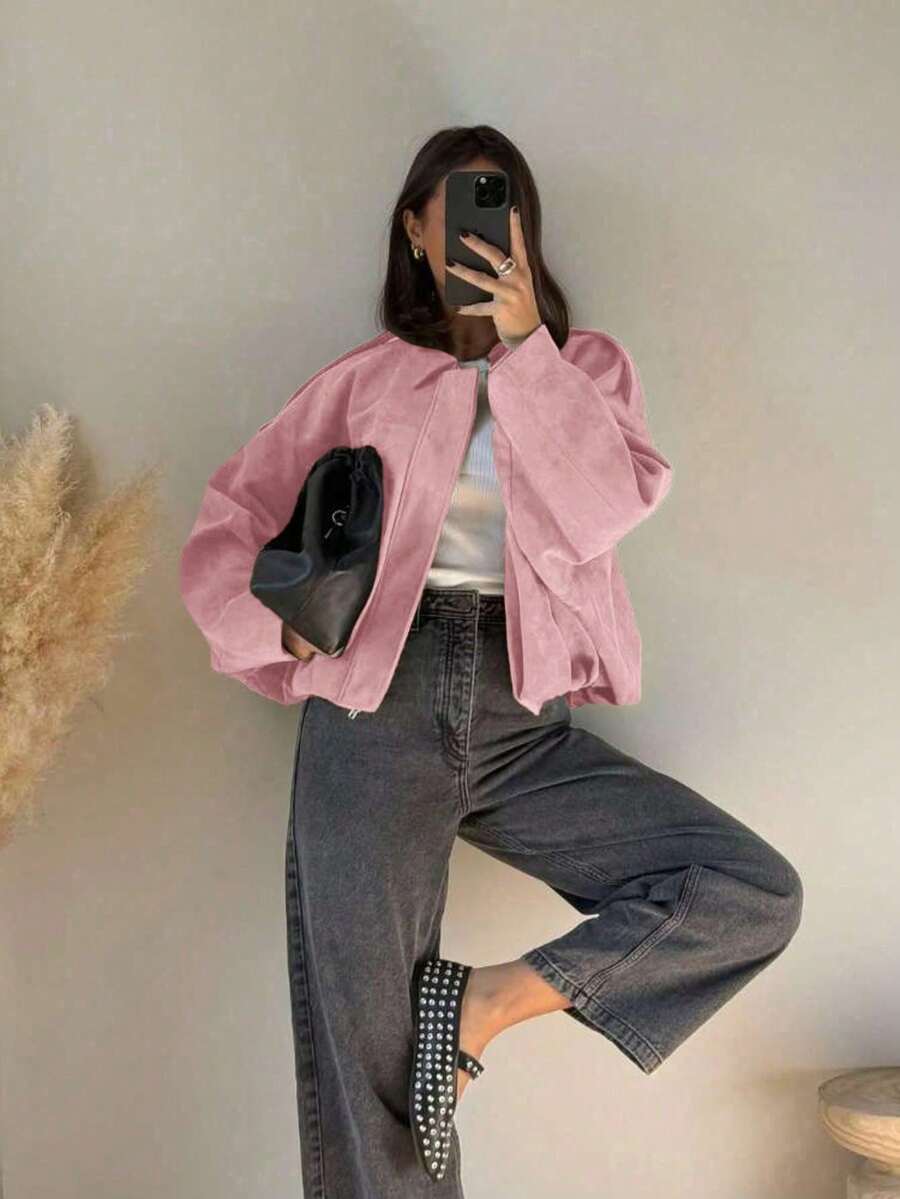 Chaqueta casual suelta de manga larga de ante sintético de un solo pecho para mujer, adecuada para usar en primavera. Chaqueta militar corta de mujer con botones de metal en los bolsillos, a - Rosa - Ver 1