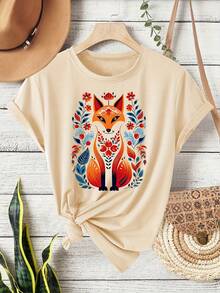 Camiseta de Cuello Redondo con Estampado de Zorro para Mujer| Estilo bohemio, vintage, tela de elasticidad media, para todas las estaciones, versátil para uso diario y vacaciones, disponible - Negro - Ver 2