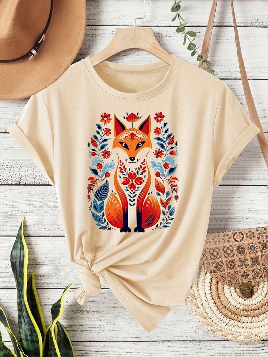 Camiseta de Cuello Redondo con Estampado de Zorro para Mujer| Estilo bohemio, vintage, tela de elasticidad media, para todas las estaciones, versátil para uso diario y vacaciones, disponible