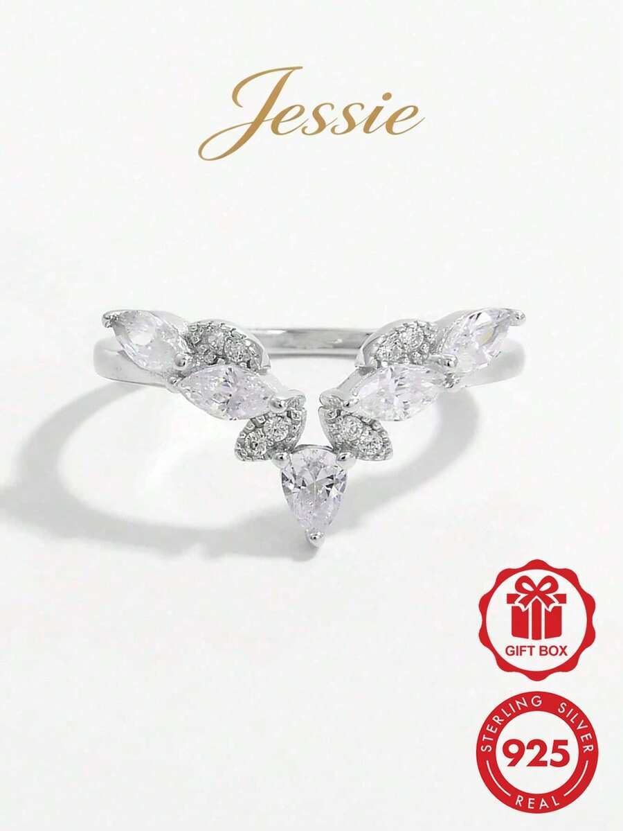 Jessie Jewelry 1件奢華閃耀復古925純銀立方鋯石葉片造型深V戒指,女款,派對宴會禮物 - 銀色 - 查看 1
