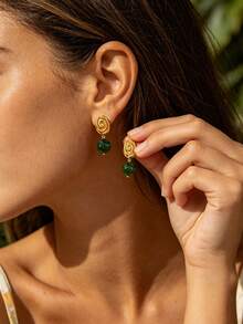 1 Pair Fashion Green Natural Stone Shell Earrings For Women Cubic Zirconia Hoop Earrings Hip Hop Party Jewelry Gifts - Multicolor 1 - View 5
