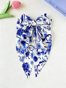 1pc Girls French Vintage Large Bow Hair Clip With Blue And White Porcelain Pattern Ribbon Spring Clip, Suitable For Daily Wear And Queueing, Back To School Season - Multicolor - View 8