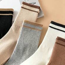 1/5 Pares de Meias de Cano Médio para Casal, Primavera/Outono, Tom Café, Listradas, Minimalistas, Preppy, Esportivas, Versáteis, Combinam com Leggings de Tubarão - Multicolorido - Visão 4