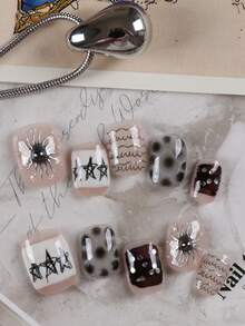 10pcs Press On Nails Punk Style Metal Line Short Nails Press On Nail Supplies Nails Fake Nails Artificial Nails Kit Includes 1sheet Adhesive Tabs &1 Pc Mini File Handmade Press On Nails - 彩色 - 查看 1