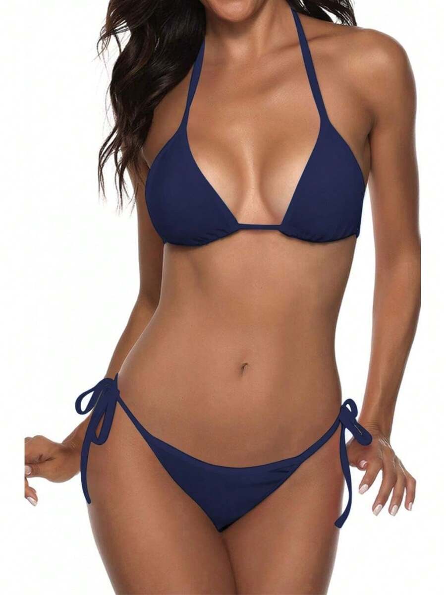 Women Two Piece Swimsuit Sexy Swimwear Halter String Triangle Bikini Sets - 海軍 - 查看 1