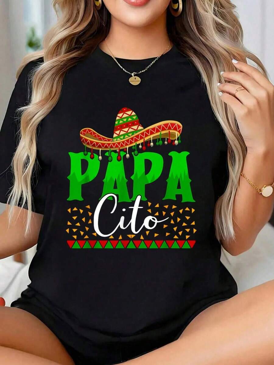 Camiseta de cuello redondo con estampado "Papacito M￩xico Pap£" para el Cinco de Mayo, camiseta casual de manga corta