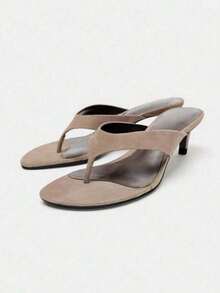 2026 Sandal cao gót nữ mới, sandal xỏ ngón mũi hở da lộn, dép cao gót mảnh đi ngoài trời, gót mèo, dép xỏ ngón, giày mùa hè - Màu be - Xem 5