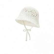 Women Crochet Bucket Hat Solid Color Cutout Breathable Knitted Beach Hat Sun Hat Spring Summer Bucket Caps - 白色 - 查看 1