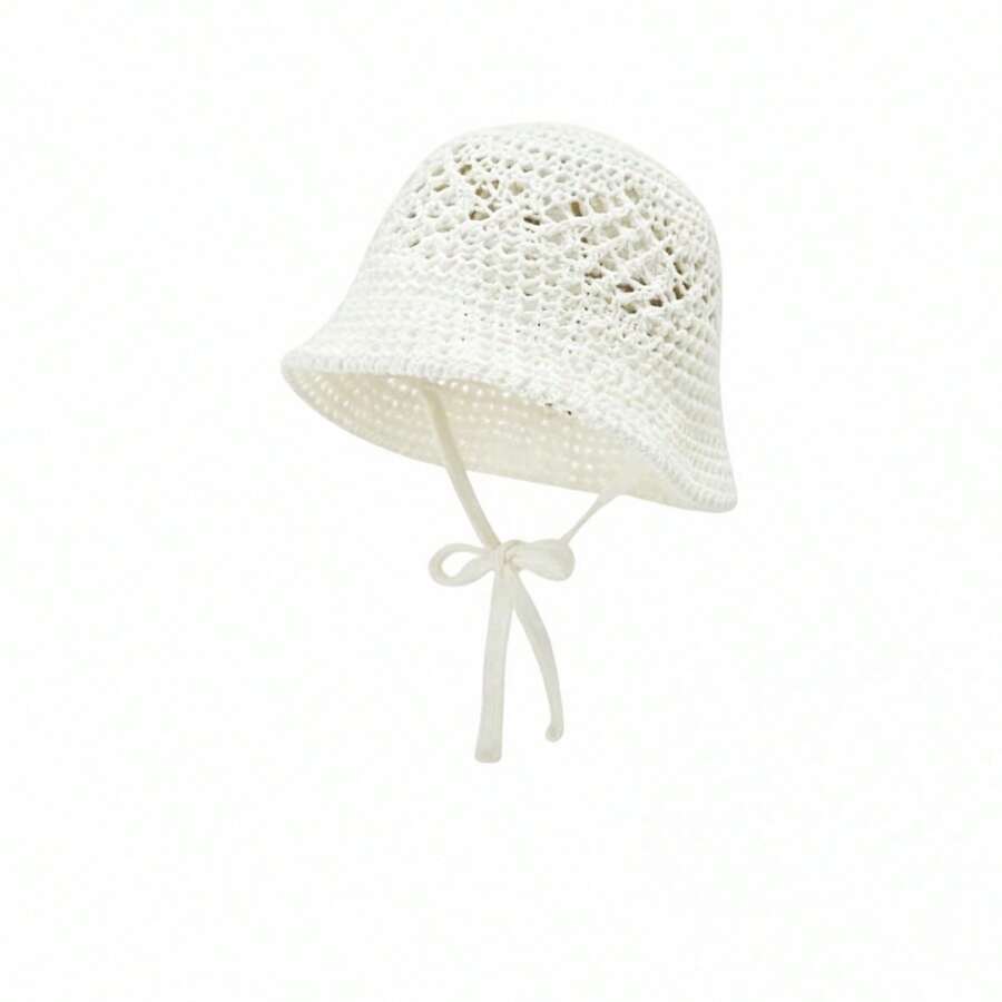 Women Crochet Bucket Hat Solid Color Cutout Breathable Knitted Beach Hat Sun Hat Spring Summer Bucket Caps - 白色 - 查看 1
