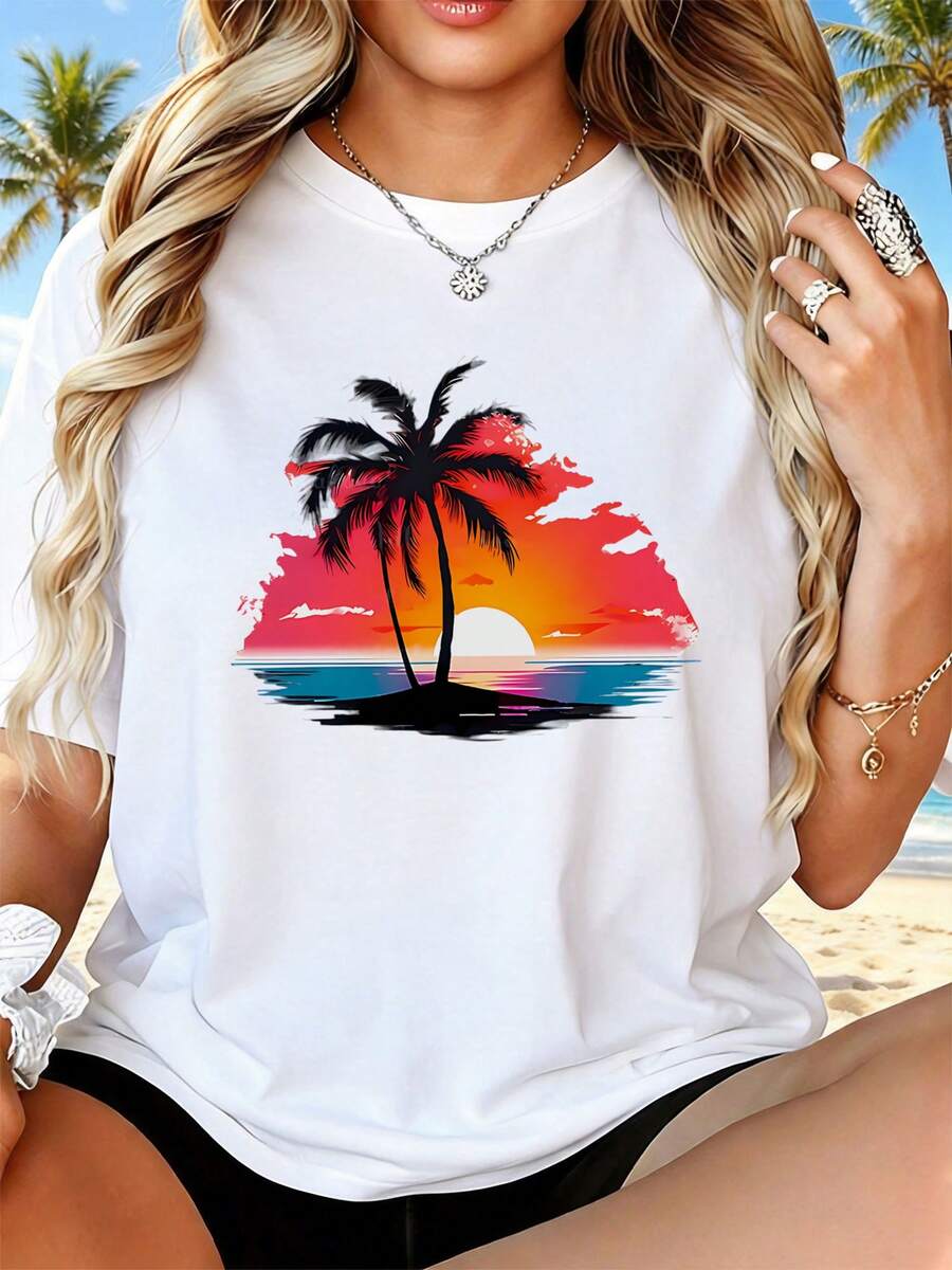 Women's T-Shirt, Palm Tree Sunset, Summer Everyday Wear - Putih - View 1