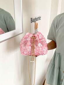 Pink All-Over Sequin Drawstring Mini Bucket Bag, Exquisite Metal Chain Shoulder Bag, Niche Party Evening Clutch - Pink - View 3