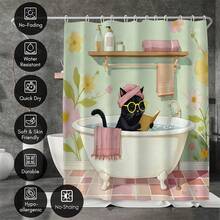 1pc Retro Cat-Patterned Shower Curtain, Perfect For Reading In The Shower. Made Of Retro Floral Polyester, It's Waterproof, Mildew-Resistant, And Machine Washable. Colors May Vary Slightly Depending On Lighting Conditions. Includes 12 Hooks. - Multicolor - View 4