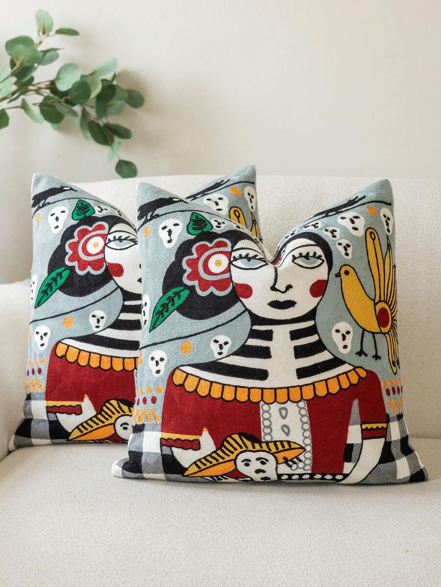 1 pieza Funda de cojín decorativa moderna vintage rústica bohemia de arte folclórico Día de Muertos con bordado, suave, lavable a máquina, para sofá, dormitorio, sala de estar, decoración del hogar - azul - Ver 1