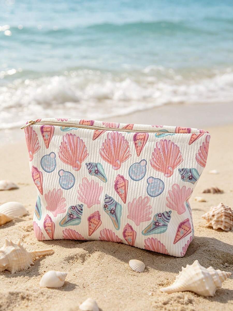 1pc Portable Cosmetic Storage Bag Ocean Series Shell & Starfish Pattern Double-Sided Print Travel Zipper Makeup Pouch Multifunctional Toiletry Organizer - Multicolor - View 1