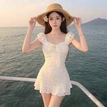 Women White Ruffle Strap Bow Front Skirted One Piece Swimsuit, Textured Lace Tummy Control Ruched Swim Dress, Summer Beach Vacation Bathing Suit - Off White - View 1