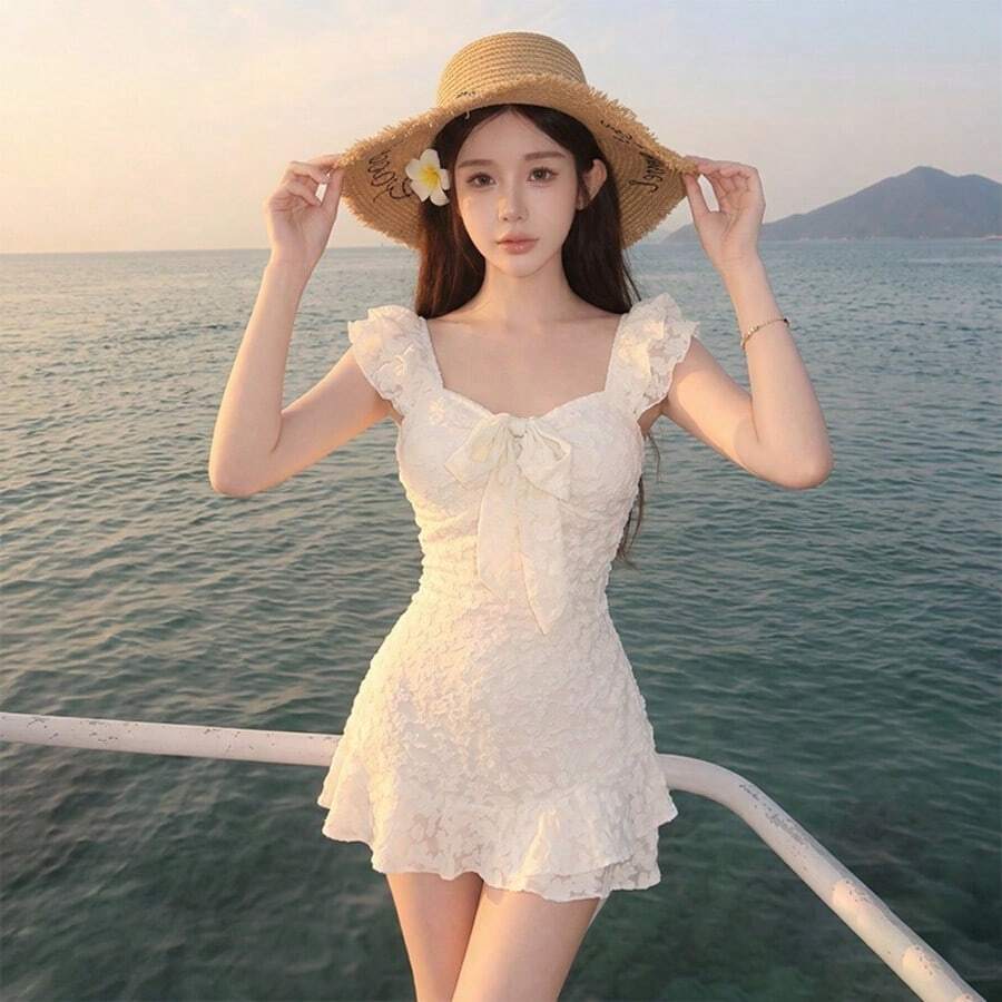 Women White Ruffle Strap Bow Front Skirted One Piece Swimsuit, Textured Lace Tummy Control Ruched Swim Dress, Summer Beach Vacation Bathing Suit - Off White - View 1
