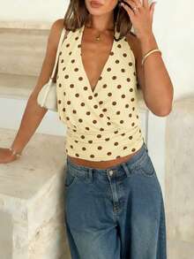 Women Cowl Neck Halter Tops Draped Front Low Cut Backless Tank Top Ruched Open Back Going Out Tops - Yellow - View 2
