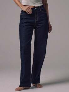 Jeans de tiro medio con pierna recta, lavado azul oscuro, tiro alto, de uso casual, para salir por la noche, volver al colegio, oficina, citas - Negro1 - Ver 4
