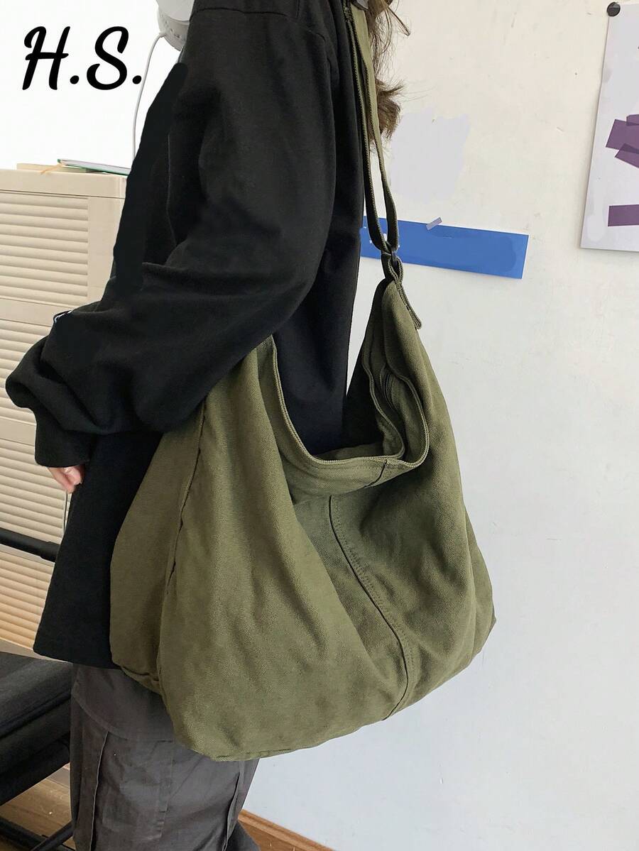 女士超大橄榄绿水洗复古帆布手提包,简约休闲百搭拉链开合单肩包,适合日常使用、学校/大学背包、旅行、时尚街头风格、可折叠 - 墨綠色 - 查看 1