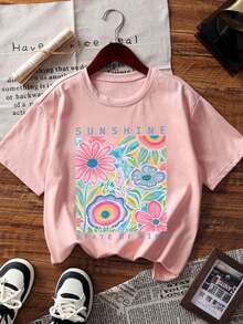 [Camiseta de Algodón] Camiseta de manga corta con cuello redondo y estampado floral colorido para niñas, estilo tweed, para primavera/verano/otoño, ideal para estudiantes y niños pequeños - - Rosa - Ver 1
