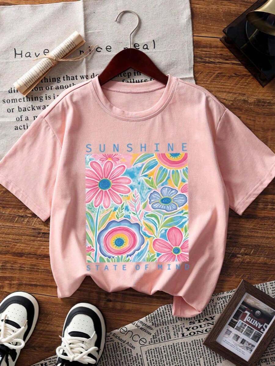 [Camiseta de Algodón] Camiseta de manga corta con cuello redondo y estampado floral colorido para niñas, estilo tweed, para primavera/verano/otoño, ideal para estudiantes y niños pequeños - - Rosa - Ver 1