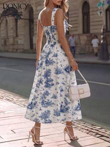 DONICY Women's White & Blue Floral Print Sleeveless Midi Dress, Square Neck Ruched Bust Design, Casual Vacation Wear - Multicolor - View 3